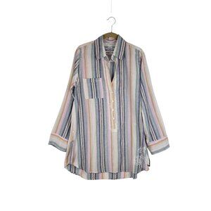 Subtle Luxury Boyfriend Shirt Cotton Popover Tunic Embroidered Stripe Size XS/S